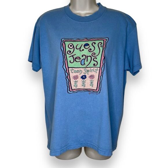 Vintage 90s Guess Jeans Teen Spirit Blue Crew T Shirt Short Sleeve Women Large - Picture 1 of 14